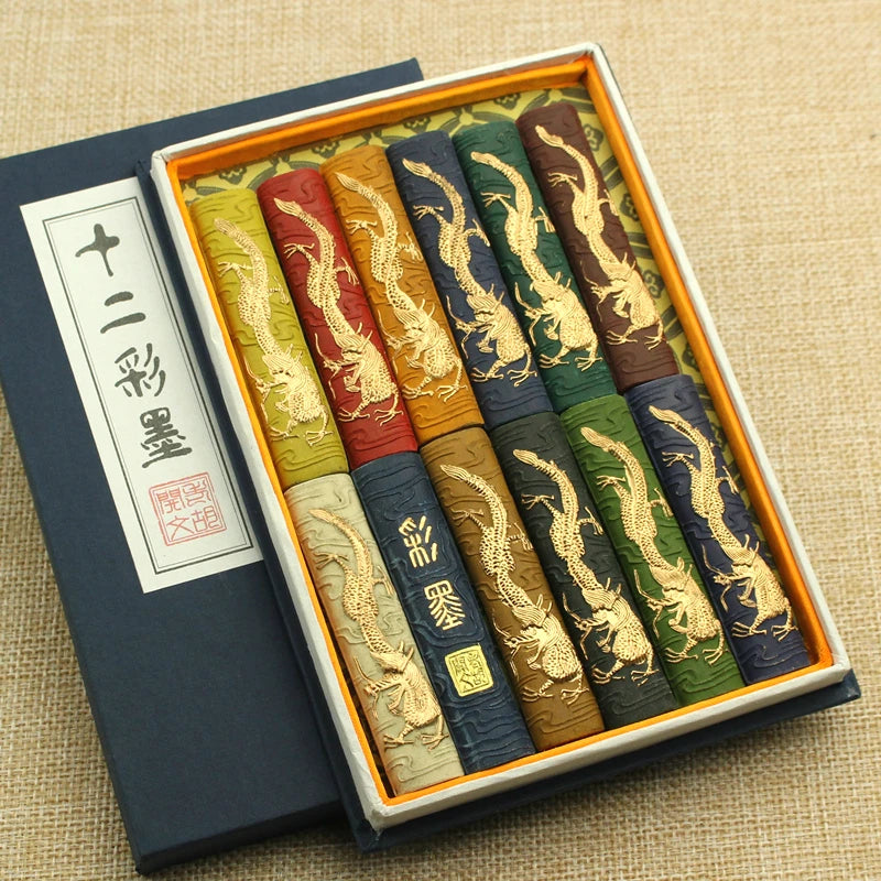 12-color dragon-engraved colored ink sticks in open gift box