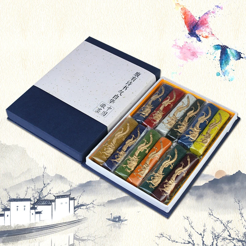 12-color Chinese ink stick set in premium gift box with dragon motif