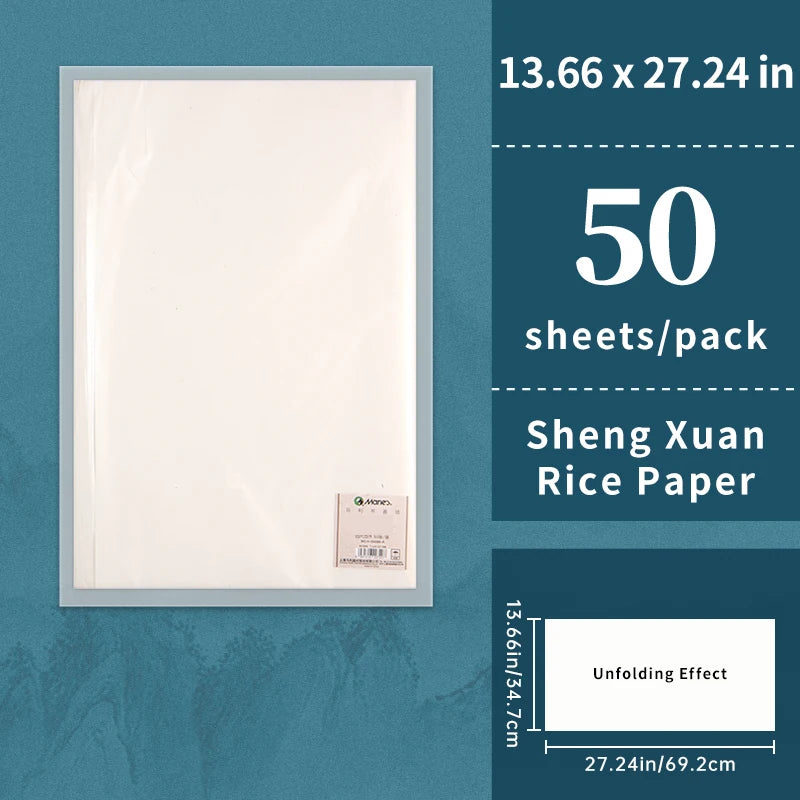 50 Sheets Marie's Rice Paper,Sheng (Raw) Xuan for Sumi & Oriental Painting,Ink Drawing,Chinese Calligraphy,Watercolors
