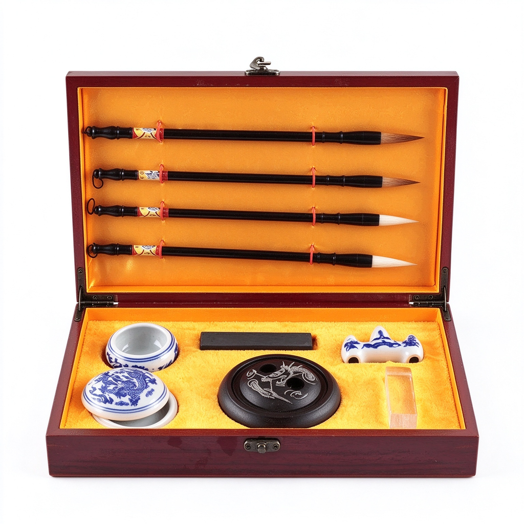 Chinese Calligraphy Set in Wooden Box – Plum, Orchid, Bamboo & Chrysanthemum Brushes with Inkstone