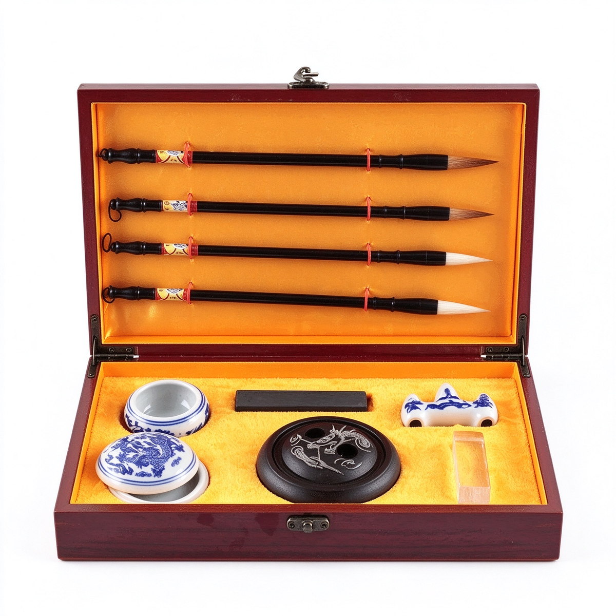Chinese Calligraphy Set in Wooden Box – Plum, Orchid, Bamboo & Chrysanthemum Brushes with Inkstone