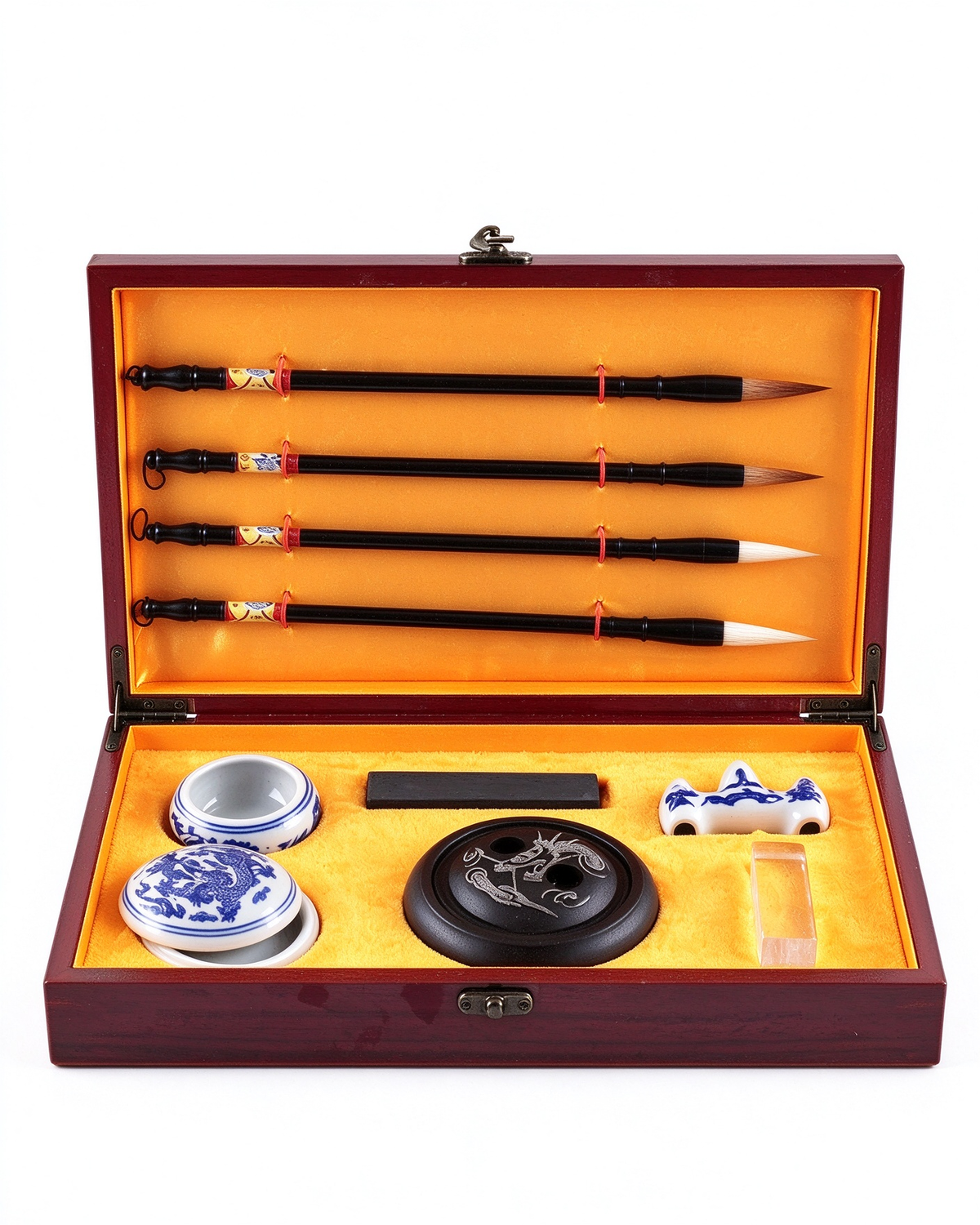 Chinese Calligraphy Set in Wooden Box – Plum, Orchid, Bamboo & Chrysanthemum Brushes with Inkstone
