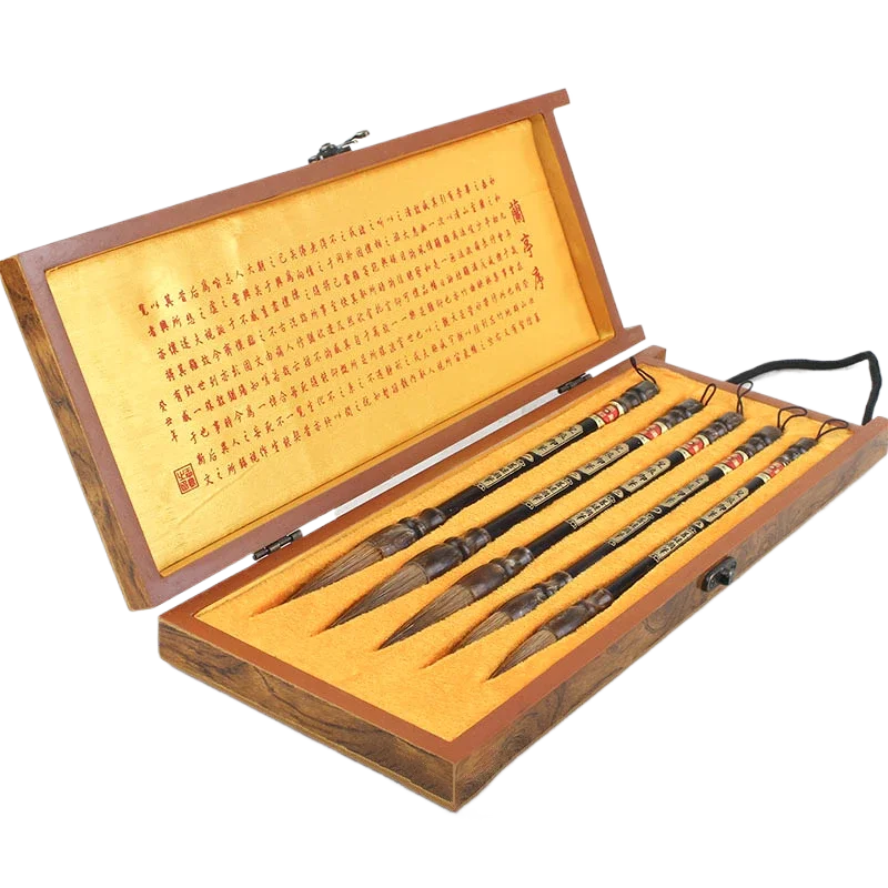 5-piece weasel hair calligraphy brush set in wooden gift box 37x14cm