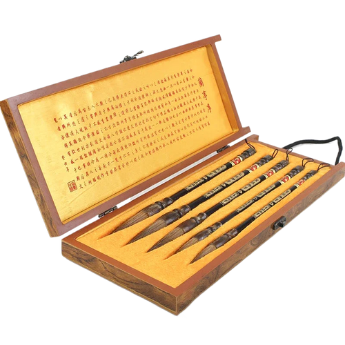5-piece weasel hair calligraphy brush set in wooden gift box 37x14cm