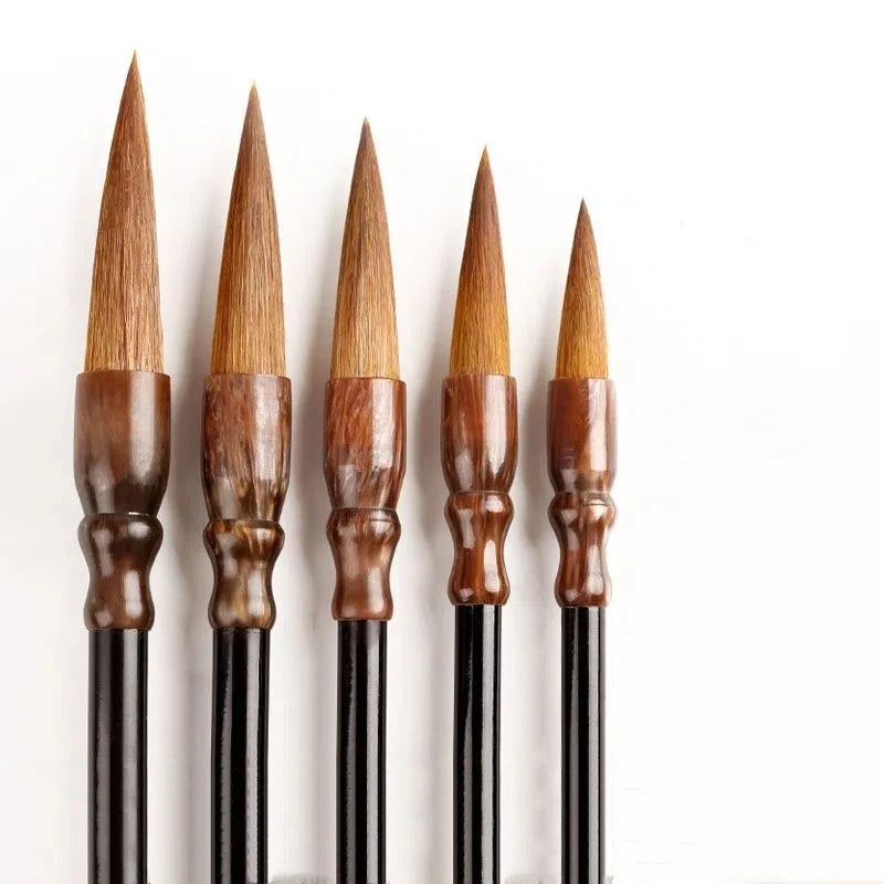 Calligraphy brush gift set open wooden box showing 5 weasel hair brushes