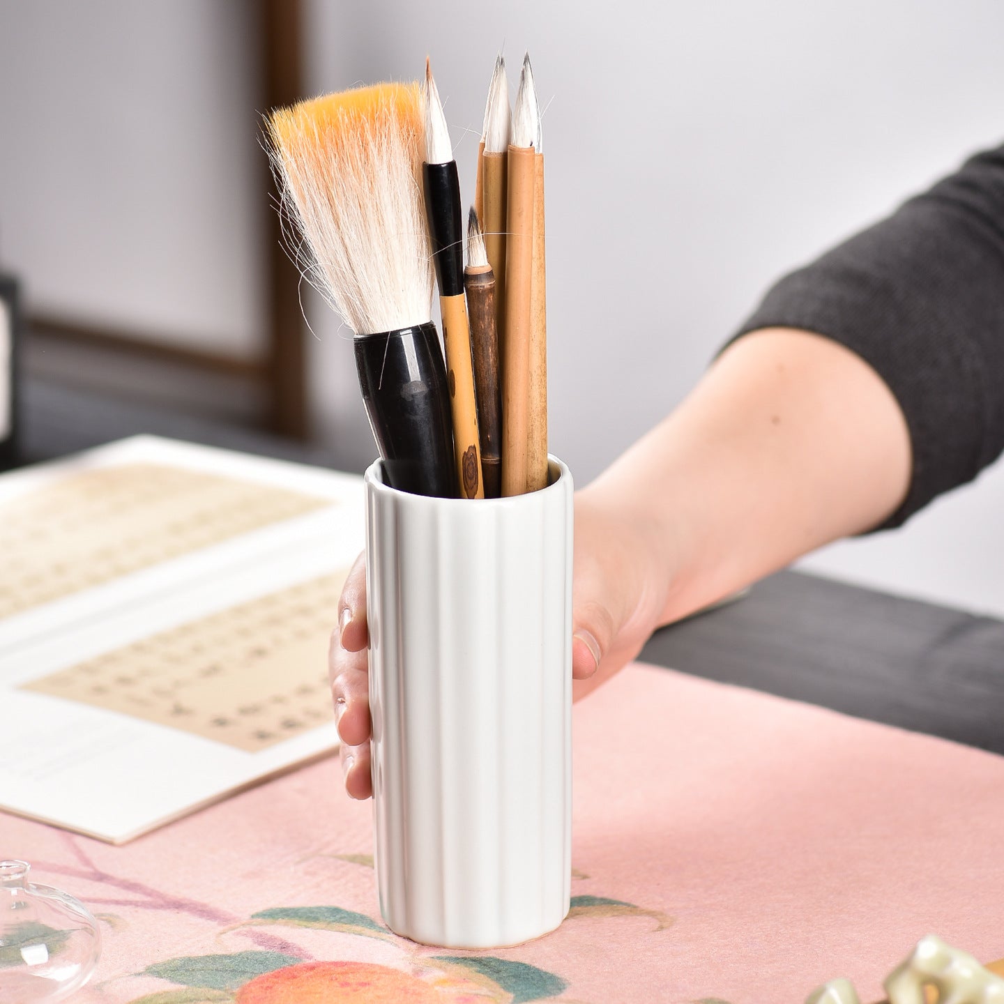 Ceramic Brush Holder – Ribbed Desk Organizer for Calligraphy & Painting side view - BrushPaper.com