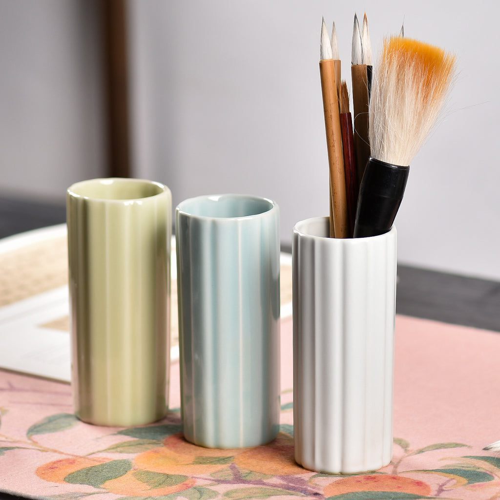 Ceramic Brush Holder – Ribbed Desk Organizer for Calligraphy & Painting - BrushPaper.com