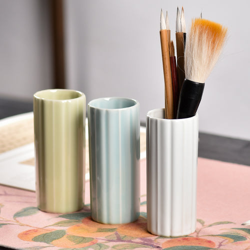 Ceramic Brush Holder – Ribbed Desk Organizer for Calligraphy & Painting - BrushPaper.com