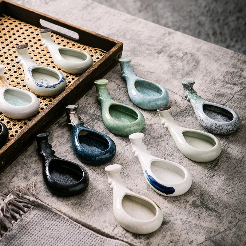 Ceramic brush rest and ink dish – multi-color group display on stone surface
