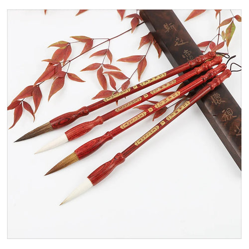 3-piece Chinese calligraphy brush set with red rosewood handle and mixed hair tips