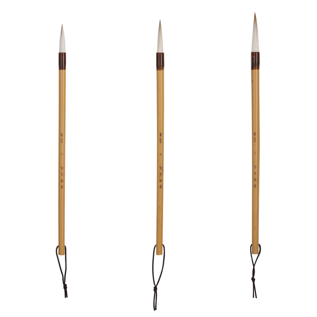 Three traditional Chinese calligraphy brushes with light bamboo handles, dark brown ferrules, and white bristles, arranged vertically on a plain white background.