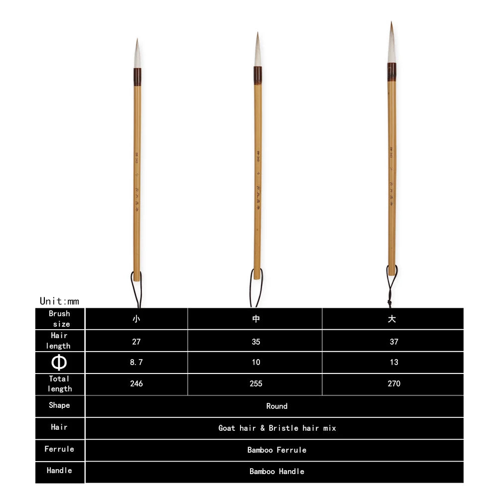 Three traditional Chinese calligraphy brushes with bamboo handles and white bristles are shown above a black specification table detailing brush size, hair length, total length, shape, hair type, ferrule material, and handle material.