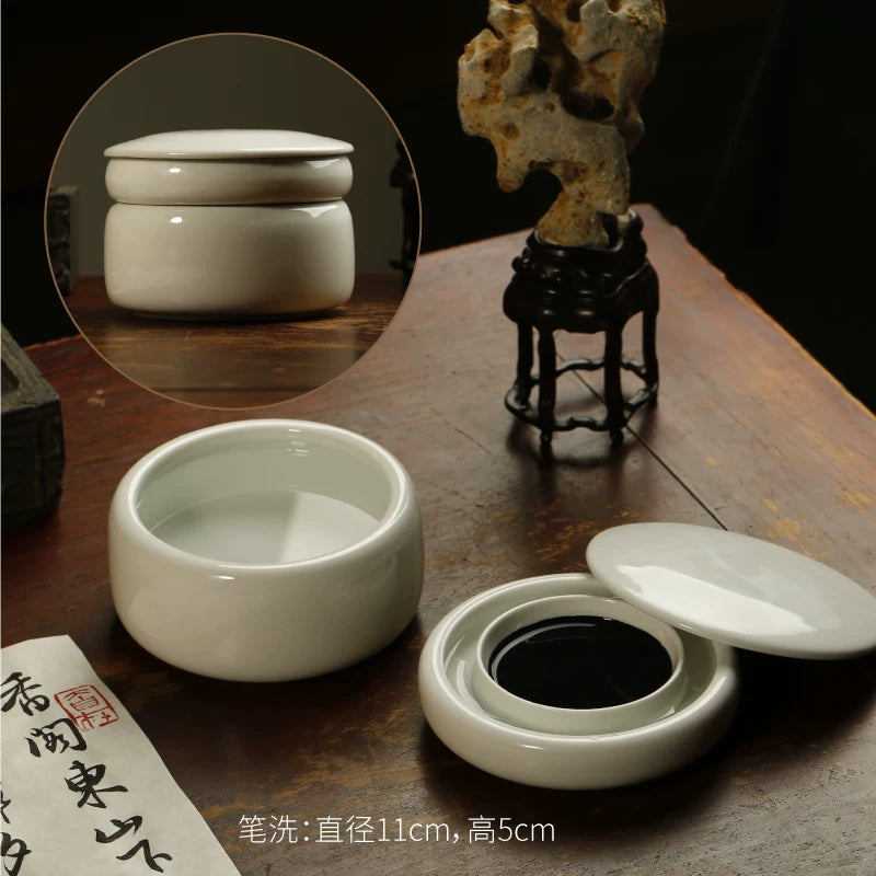 Ink Dish – Antique Glazed Porcelain Inkstone with Lid | Moisture-Retaining packaging - Generic