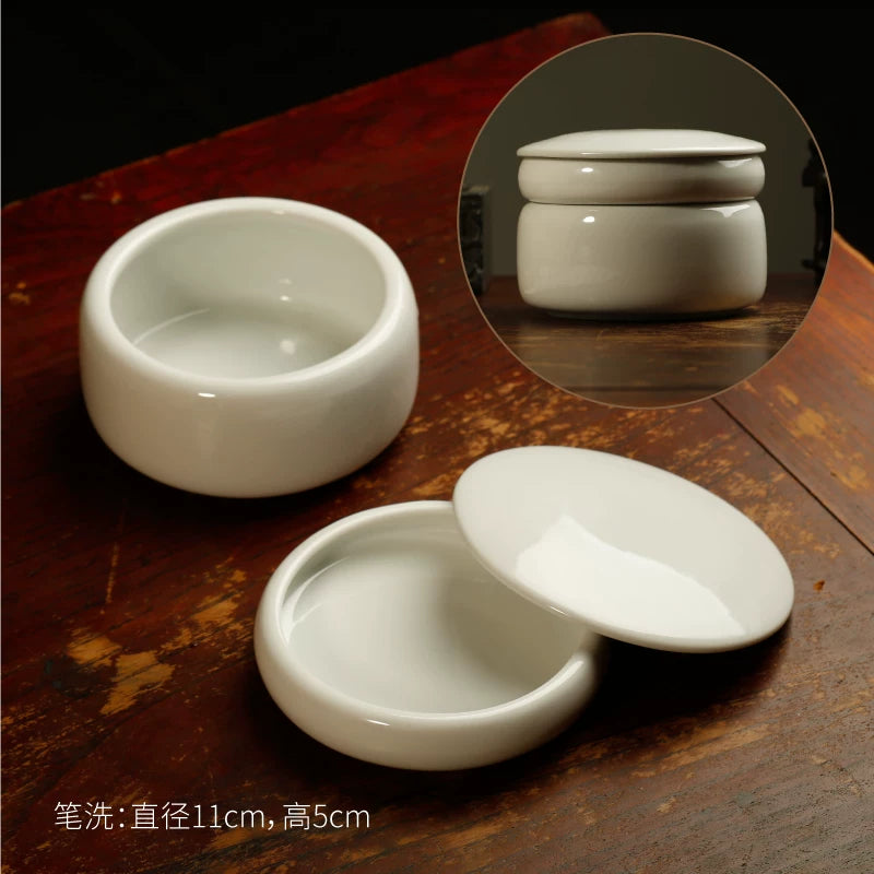Ink Dish – Antique Glazed Porcelain Inkstone with Lid | Moisture-Retaining texture detail - Generic