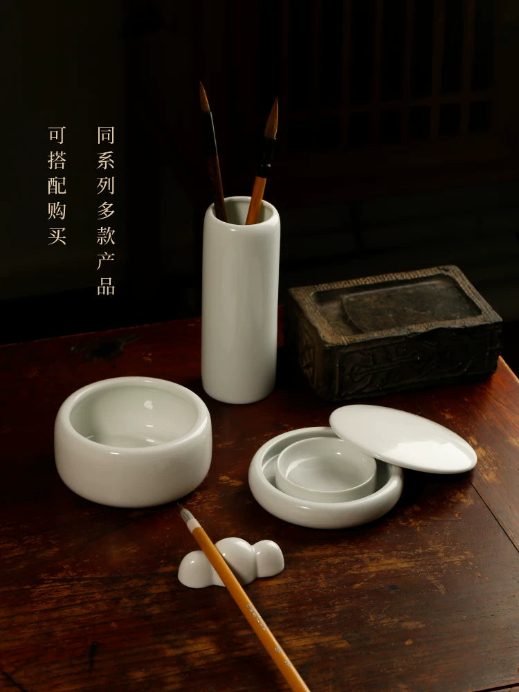 Ink Dish – Antique Glazed Porcelain Inkstone with Lid | Moisture-Retaining side view - Generic