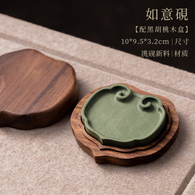 Natural Stone Inkstone with Wooden Case for Chinese Calligraphy close-up detail - Calligraphy Accessories by Generic