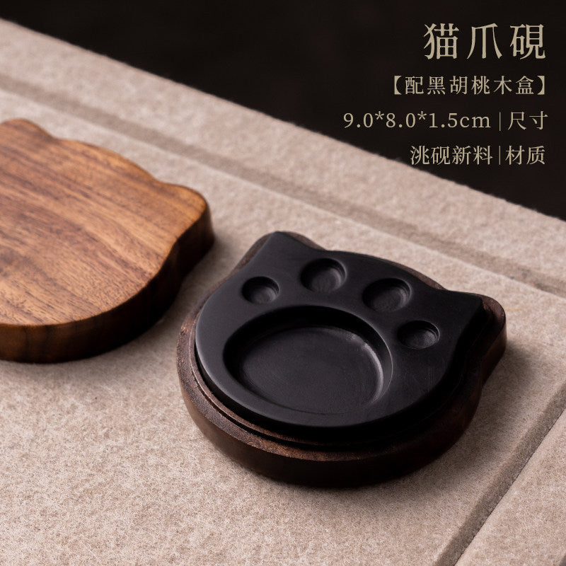 Natural Stone Inkstone with Wooden Case for Chinese Calligraphy close-up detail - Calligraphy Accessories by Generic