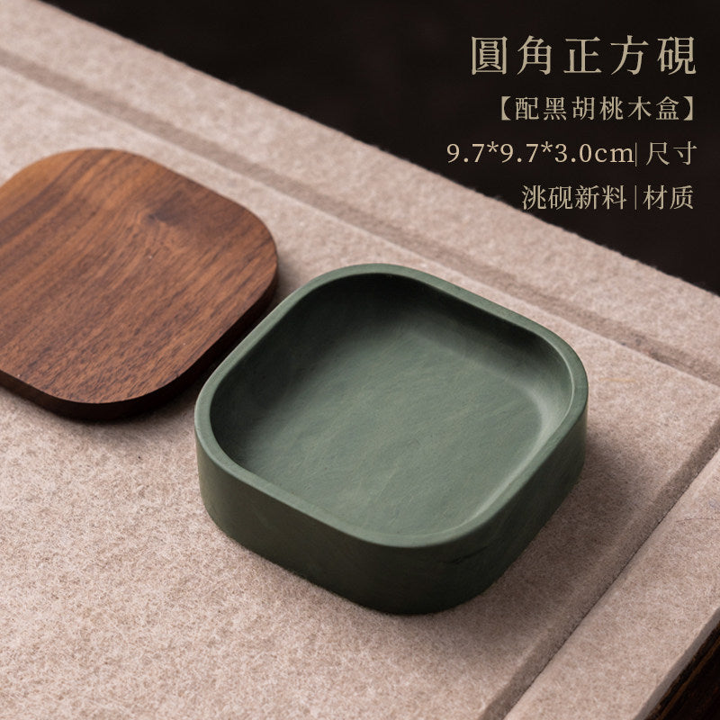 Natural Stone Inkstone with Wooden Case for Chinese Calligraphy close-up detail - Calligraphy Accessories by Generic