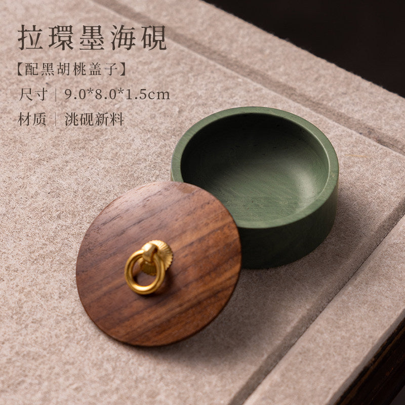 Natural Stone Inkstone with Wooden Case for Chinese Calligraphy side view - Calligraphy Accessories by Generic