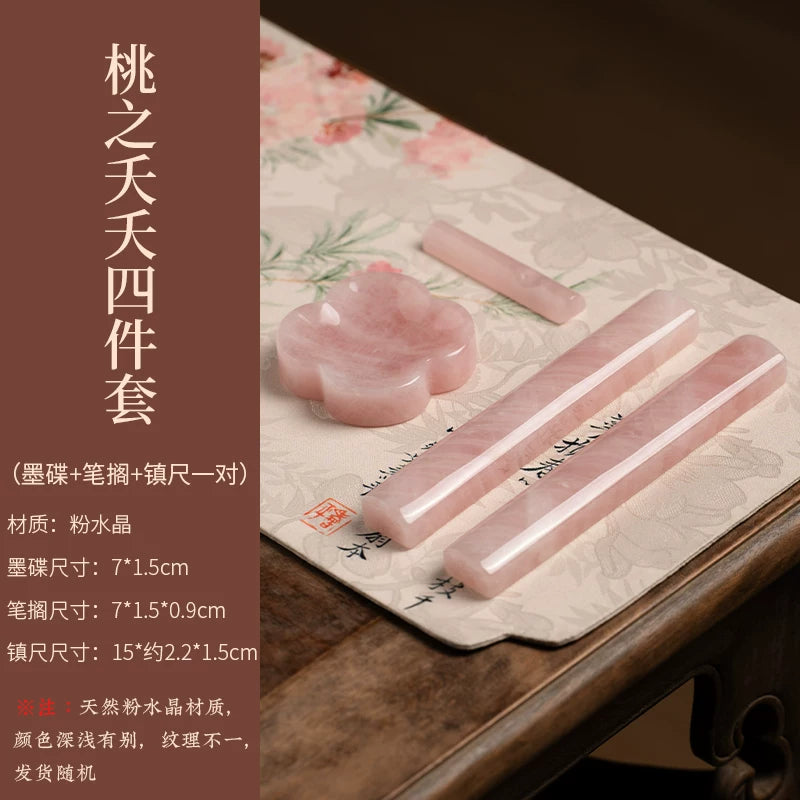 Peach Blossom Pink Crystal Paperweight & Calligraphy Brush Set texture detail - Shanlian Hubi (善琏湖笔)