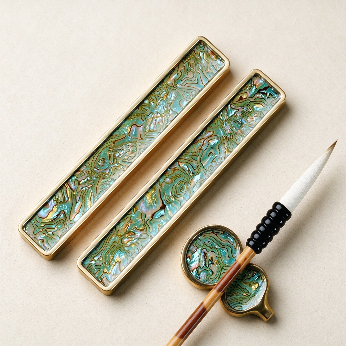 Rongbaozhai Brass Paperweight | Mother-of-Pearl Inlay Calligraphy Desk Weight