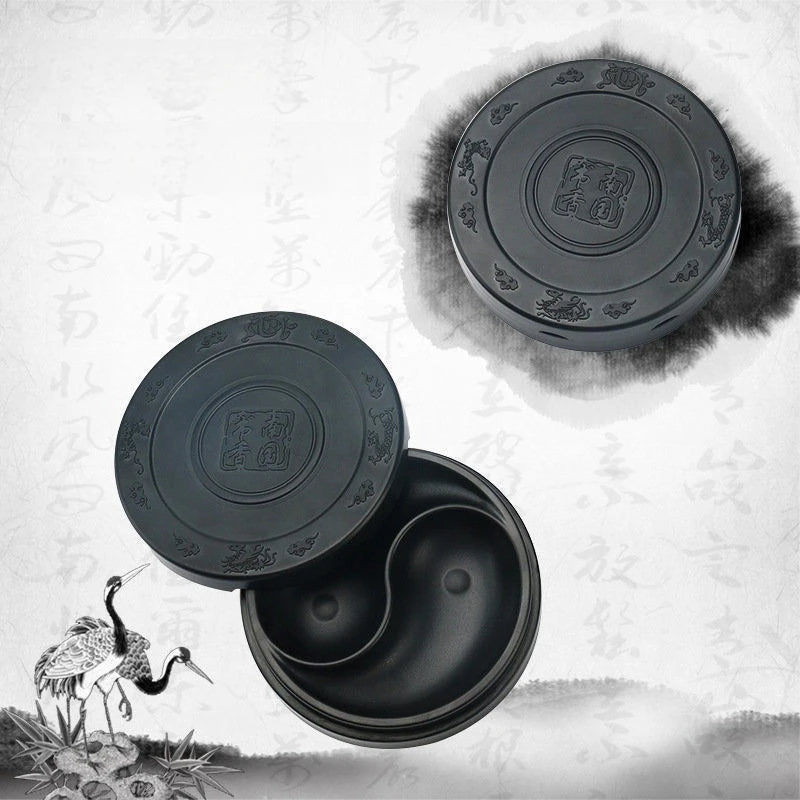 Top view of Tai Ji Yin Yang calligraphy ink tray showing dual compartments