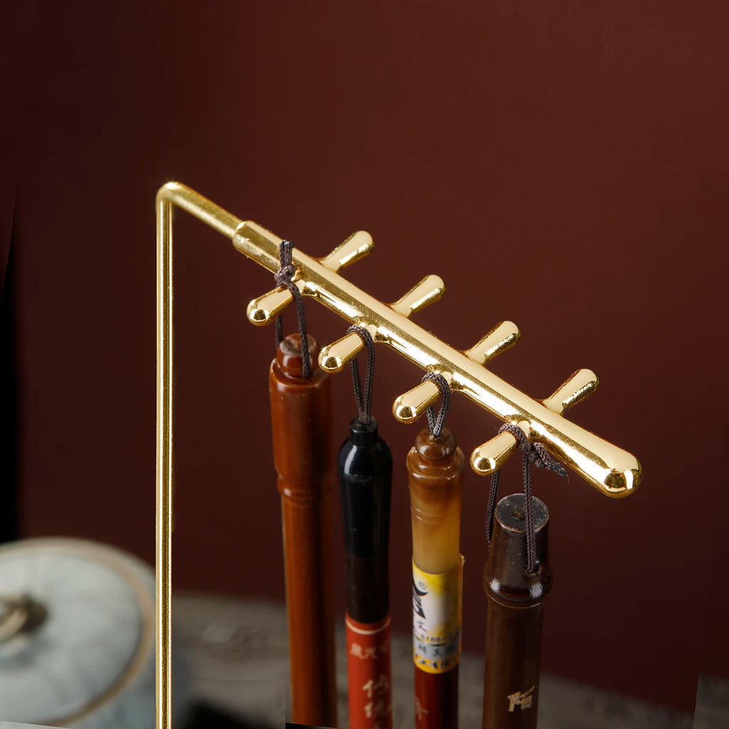 Side view of walnut base metal calligraphy brush pen holder