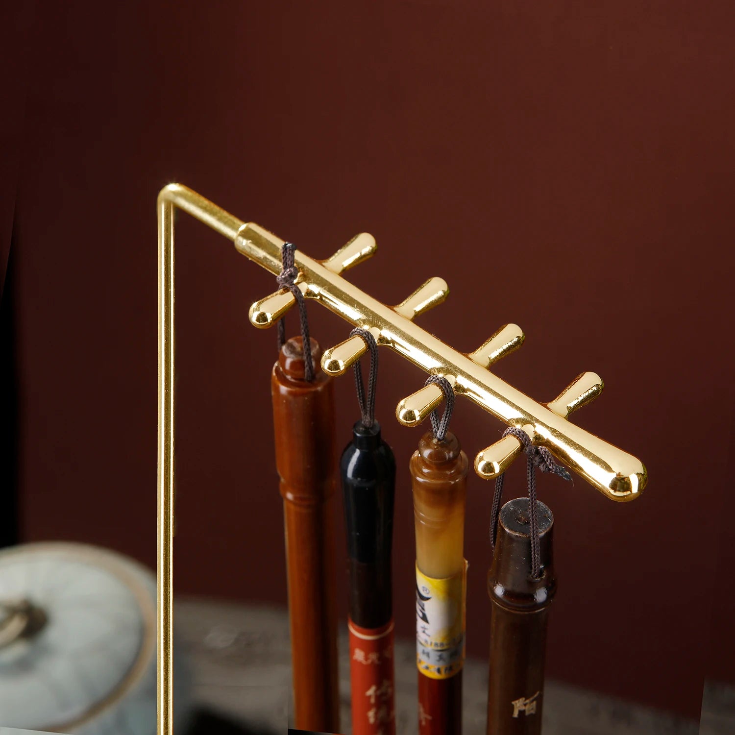 Side view of walnut base metal calligraphy brush pen holder
