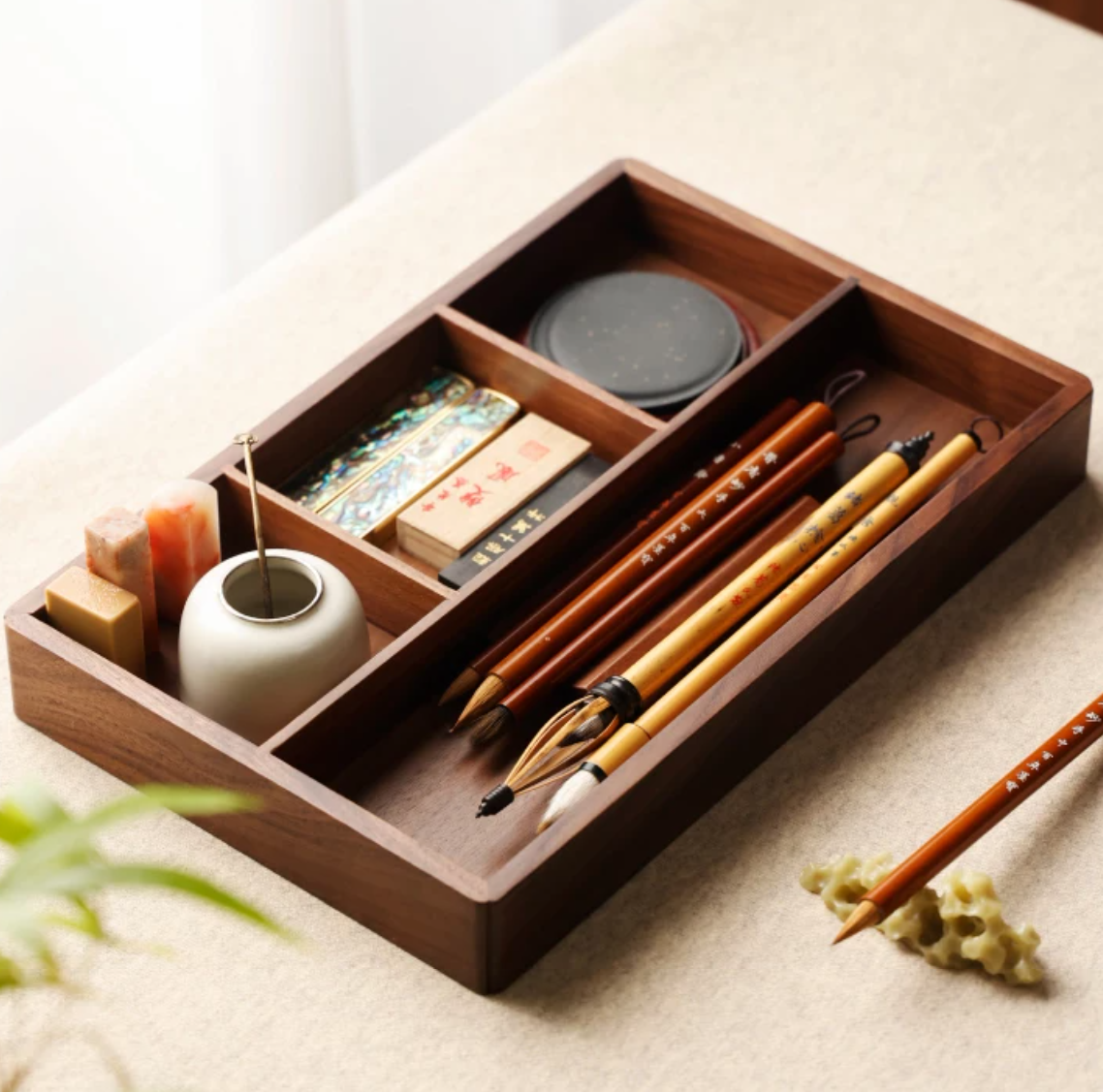 Walnut Wood Calligraphy Brush Tray – Mortise & Tenon Scholar's Desk Organizer for Brushes, Seals & Ink Stones - Desk
