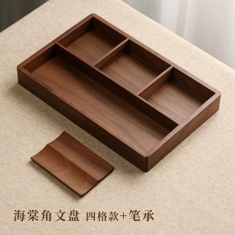 Walnut Wood Calligraphy Brush Tray – Mortise & Tenon Scholar's Desk Organizer for Brushes, Seals & Ink Stones side view
