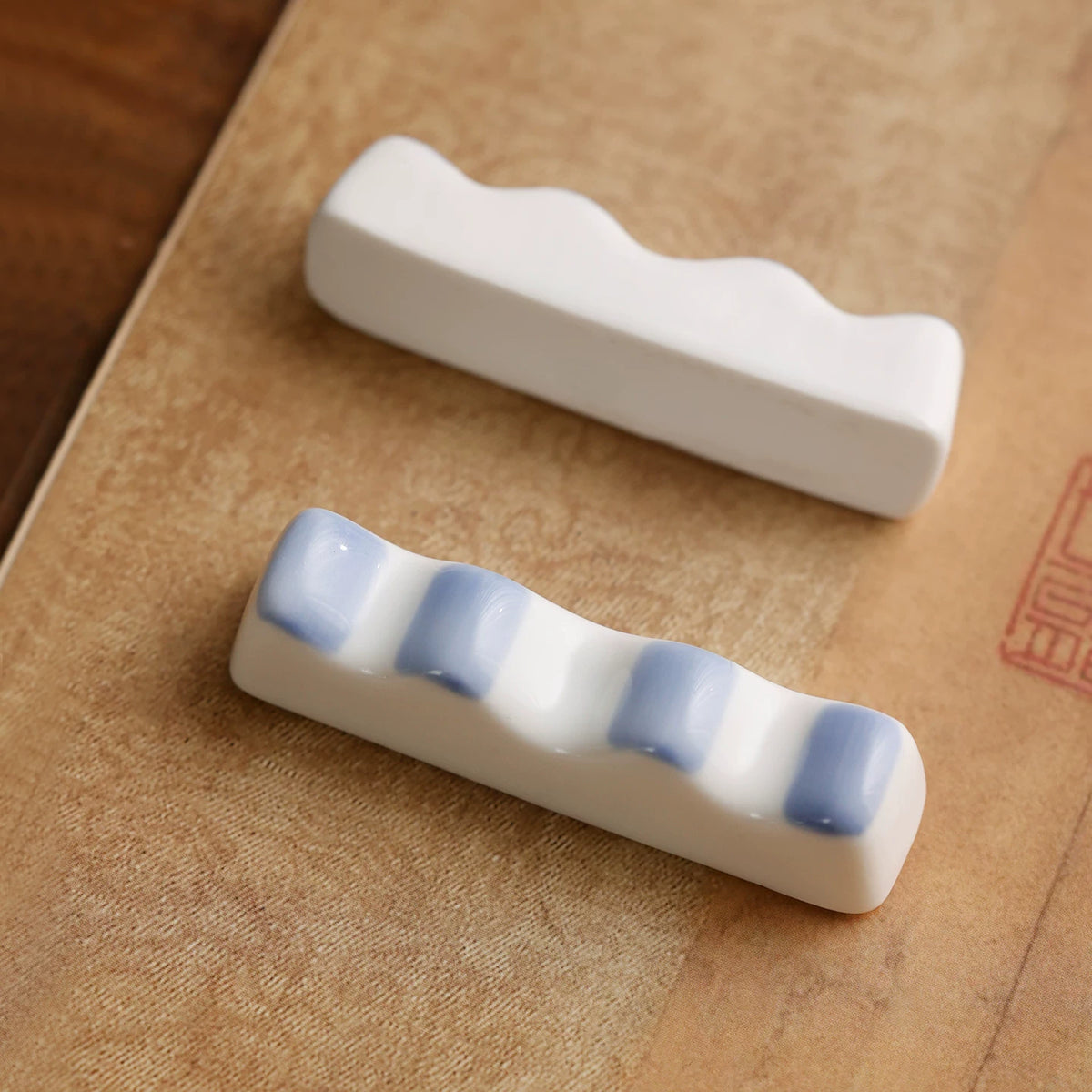 White Porcelain Chinese Calligraphy Brush Rest close-up detail - Chinese Calligraphy Accessories by BrushPaper.com